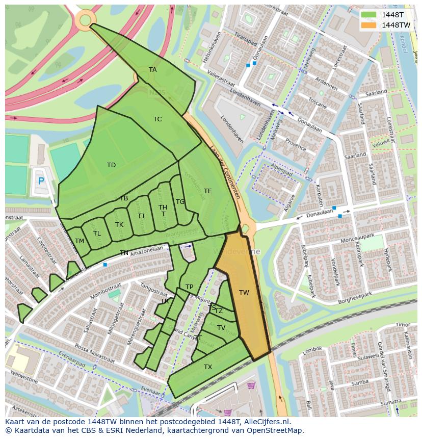 Afbeelding van het postcodegebied 1448 TW op de kaart.
