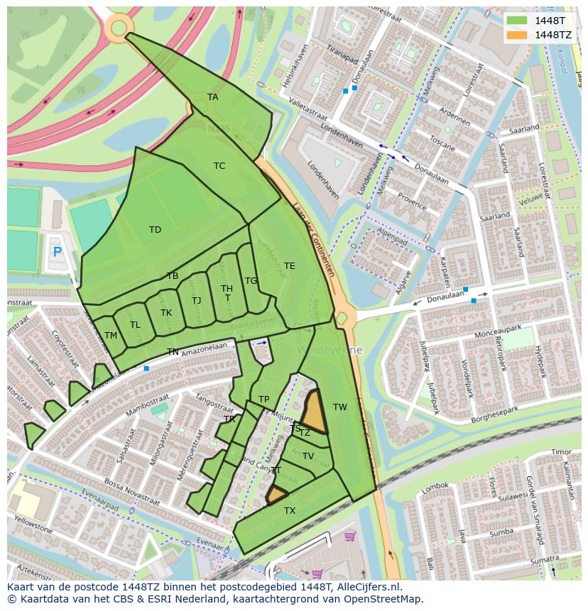 Afbeelding van het postcodegebied 1448 TZ op de kaart.