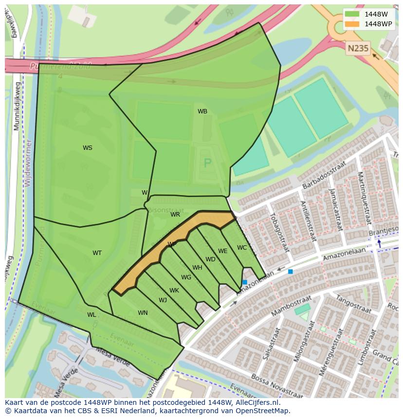 Afbeelding van het postcodegebied 1448 WP op de kaart.