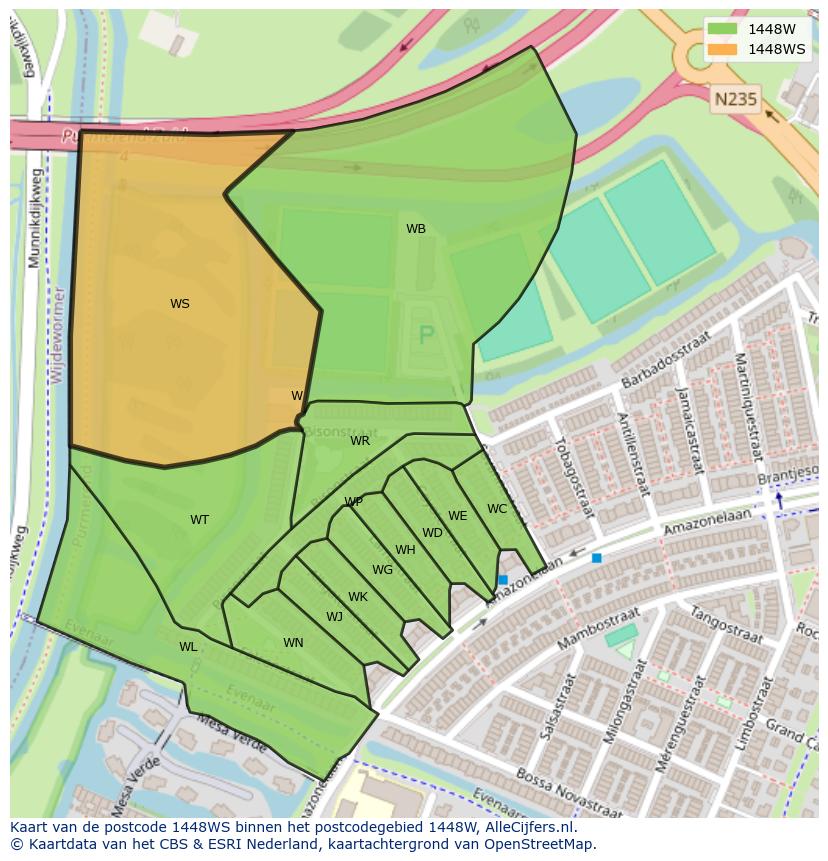 Afbeelding van het postcodegebied 1448 WS op de kaart.