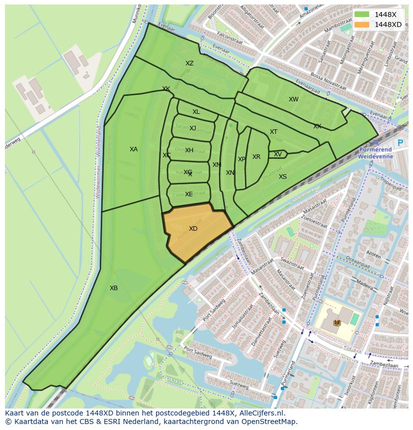 Afbeelding van het postcodegebied 1448 XD op de kaart.