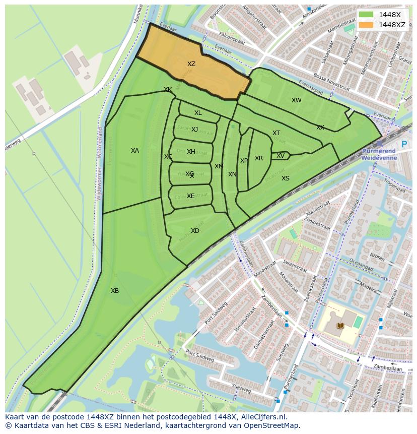 Afbeelding van het postcodegebied 1448 XZ op de kaart.