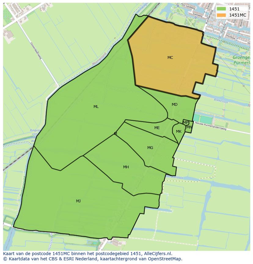 Afbeelding van het postcodegebied 1451 MC op de kaart.