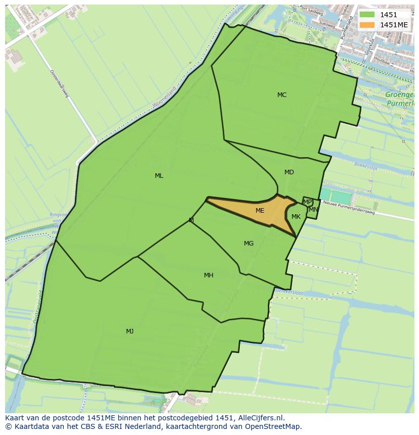 Afbeelding van het postcodegebied 1451 ME op de kaart.
