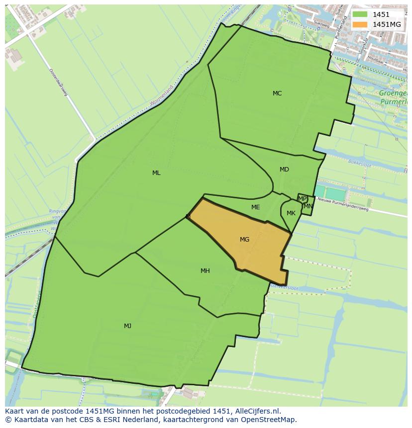 Afbeelding van het postcodegebied 1451 MG op de kaart.