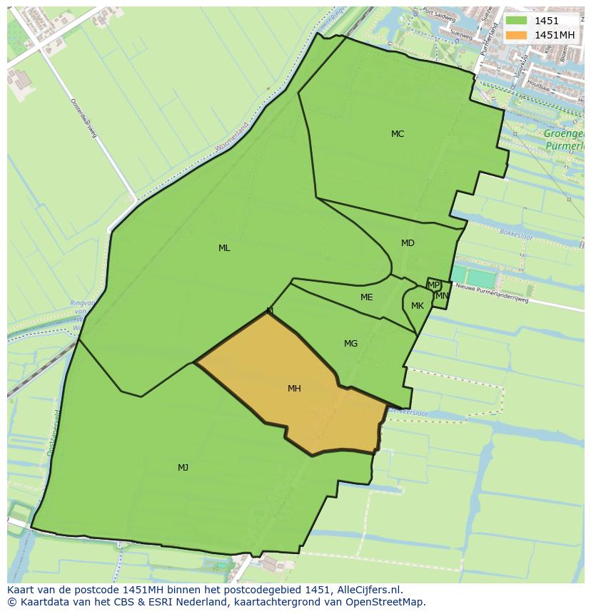 Afbeelding van het postcodegebied 1451 MH op de kaart.