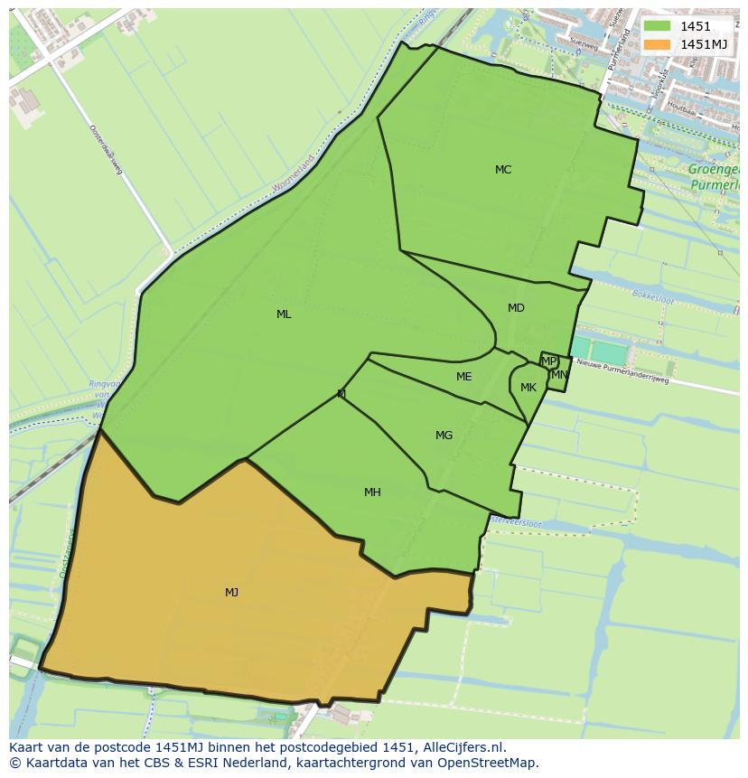 Afbeelding van het postcodegebied 1451 MJ op de kaart.
