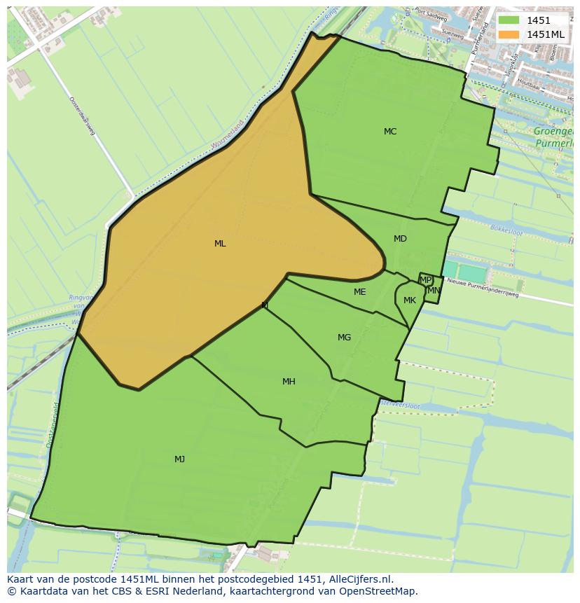 Afbeelding van het postcodegebied 1451 ML op de kaart.
