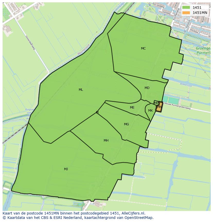 Afbeelding van het postcodegebied 1451 MN op de kaart.