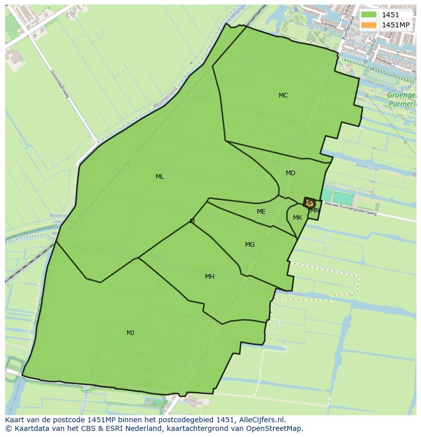 Afbeelding van het postcodegebied 1451 MP op de kaart.