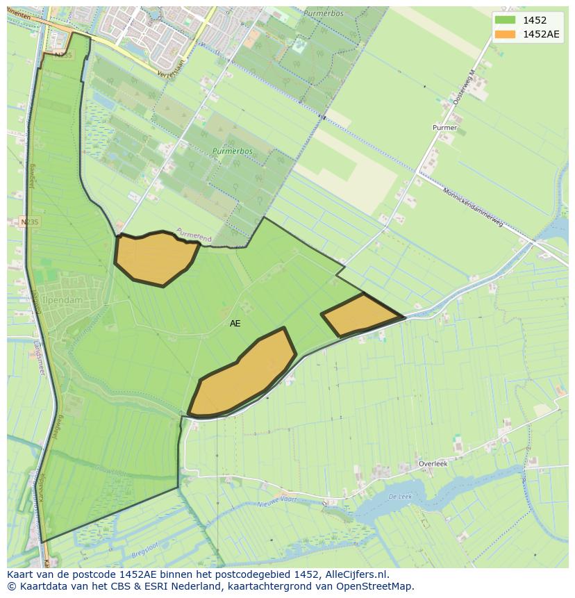 Afbeelding van het postcodegebied 1452 AE op de kaart.