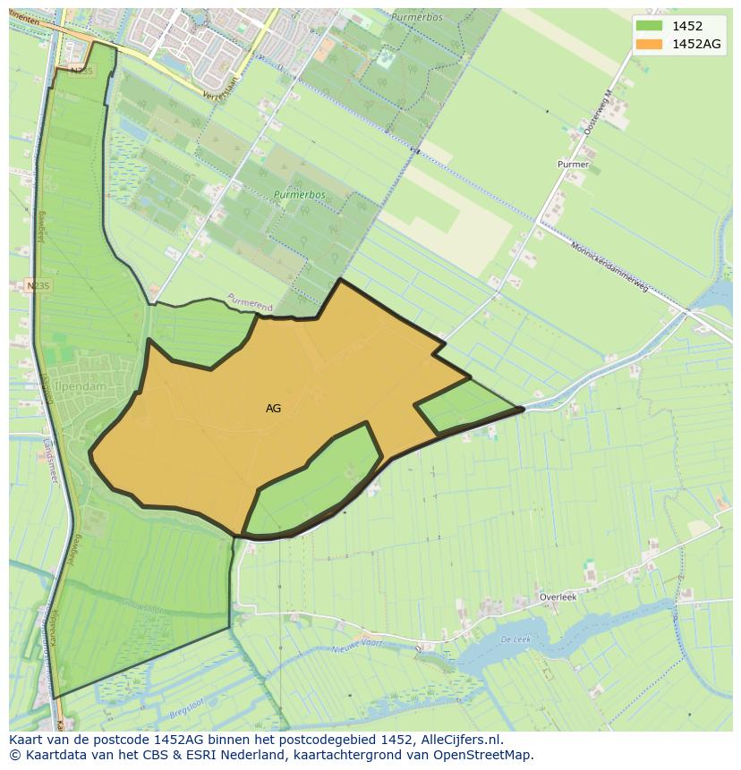 Afbeelding van het postcodegebied 1452 AG op de kaart.