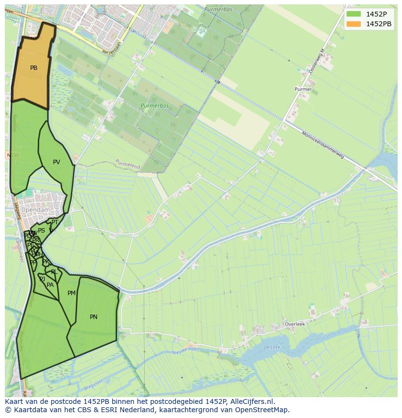 Afbeelding van het postcodegebied 1452 PB op de kaart.
