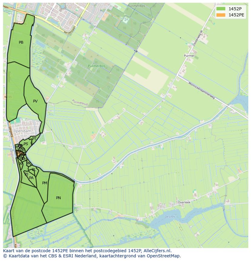 Afbeelding van het postcodegebied 1452 PE op de kaart.