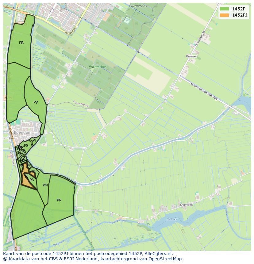 Afbeelding van het postcodegebied 1452 PJ op de kaart.