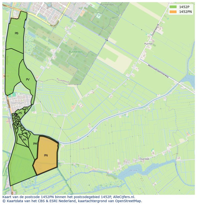 Afbeelding van het postcodegebied 1452 PN op de kaart.