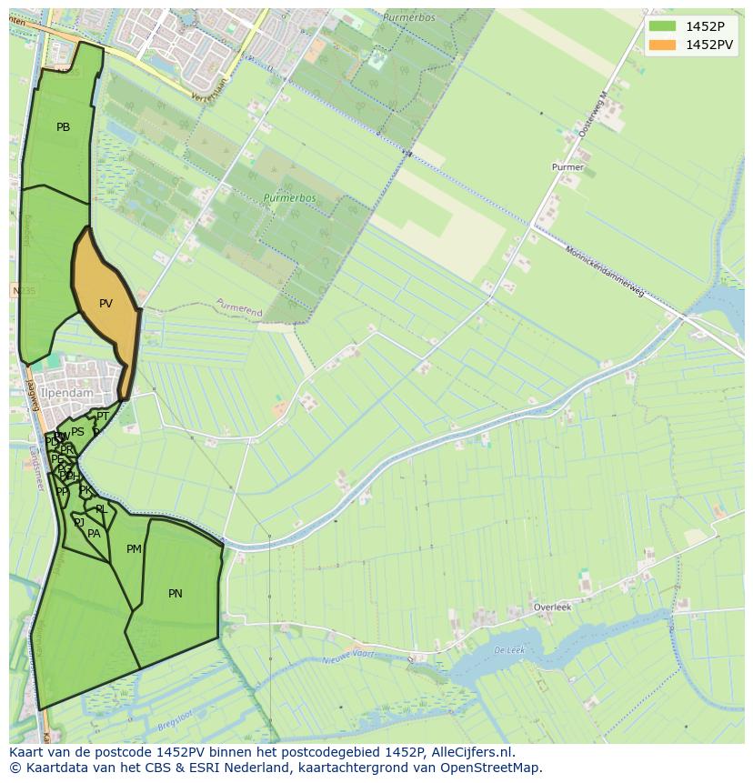Afbeelding van het postcodegebied 1452 PV op de kaart.