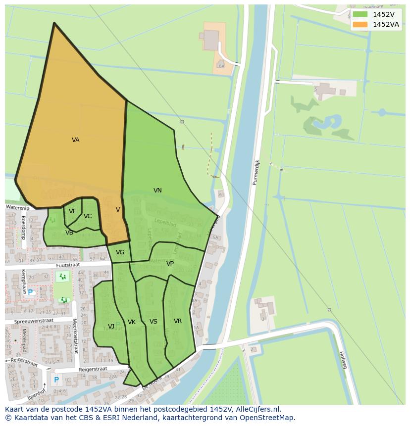 Afbeelding van het postcodegebied 1452 VA op de kaart.