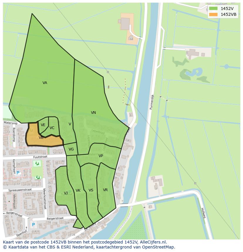 Afbeelding van het postcodegebied 1452 VB op de kaart.