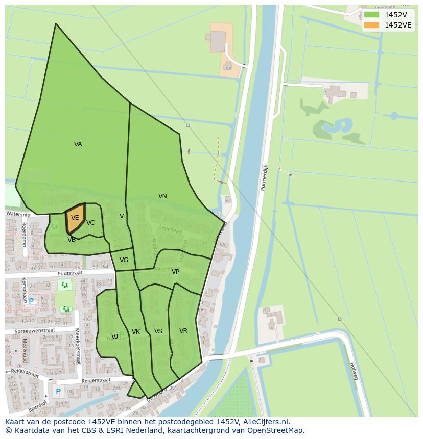 Afbeelding van het postcodegebied 1452 VE op de kaart.
