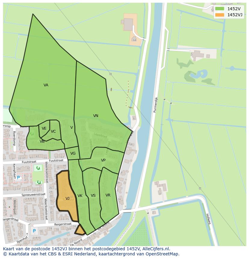 Afbeelding van het postcodegebied 1452 VJ op de kaart.