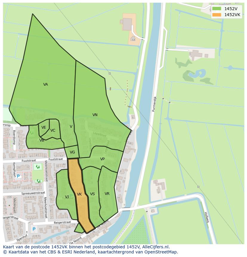 Afbeelding van het postcodegebied 1452 VK op de kaart.