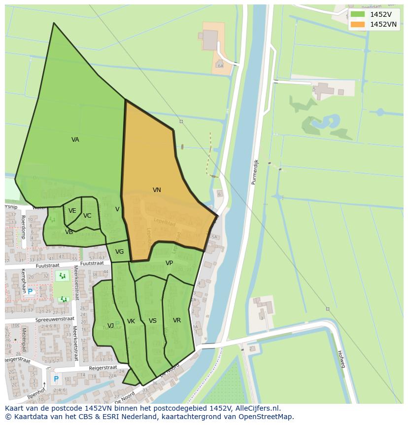 Afbeelding van het postcodegebied 1452 VN op de kaart.