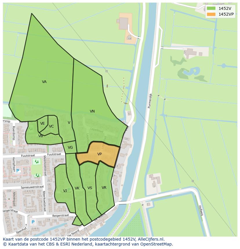 Afbeelding van het postcodegebied 1452 VP op de kaart.