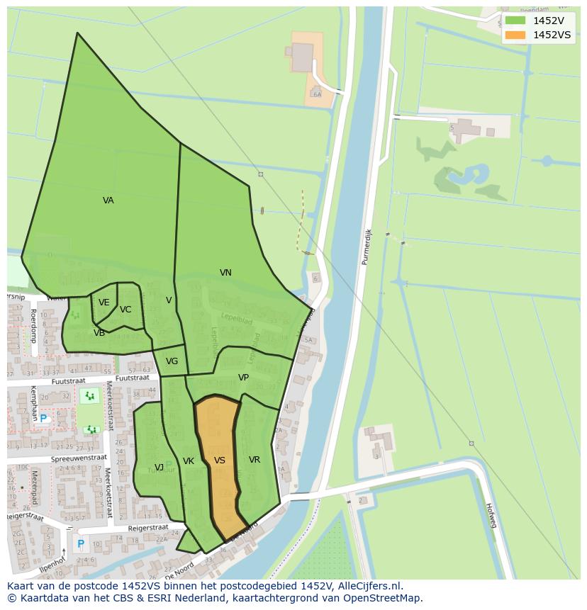 Afbeelding van het postcodegebied 1452 VS op de kaart.
