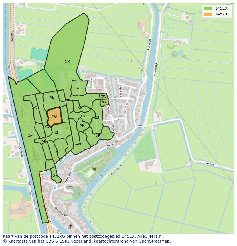 Afbeelding van het postcodegebied 1452 XG op de kaart.