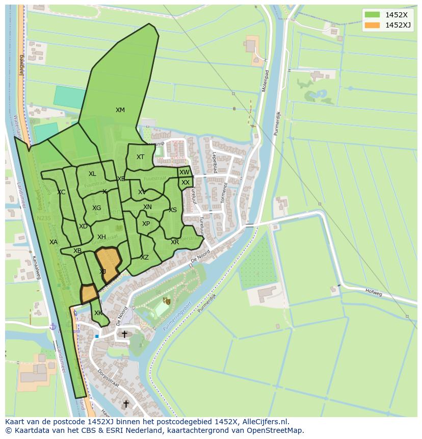 Afbeelding van het postcodegebied 1452 XJ op de kaart.