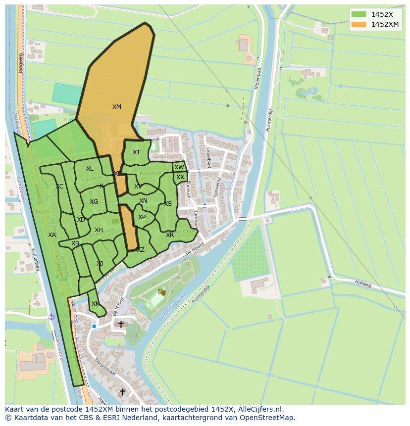 Afbeelding van het postcodegebied 1452 XM op de kaart.