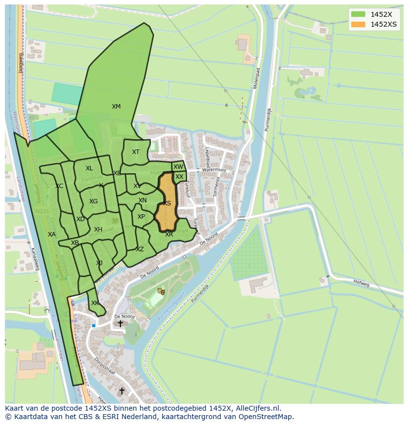 Afbeelding van het postcodegebied 1452 XS op de kaart.