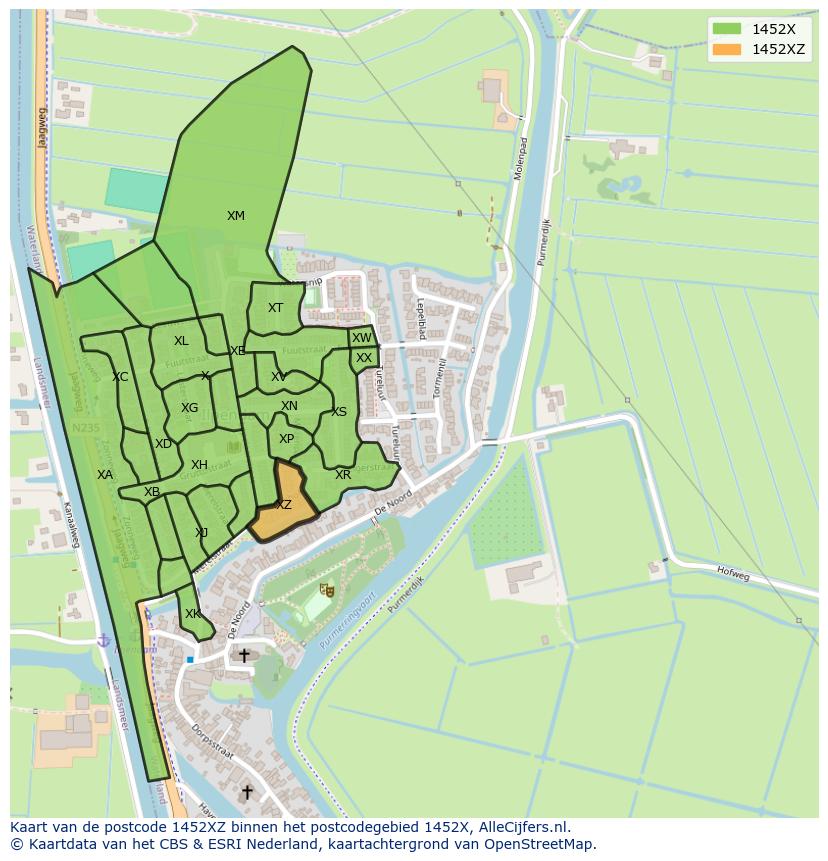 Afbeelding van het postcodegebied 1452 XZ op de kaart.
