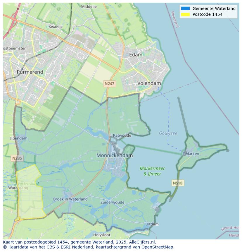 Afbeelding van het postcodegebied 1454 op de kaart.