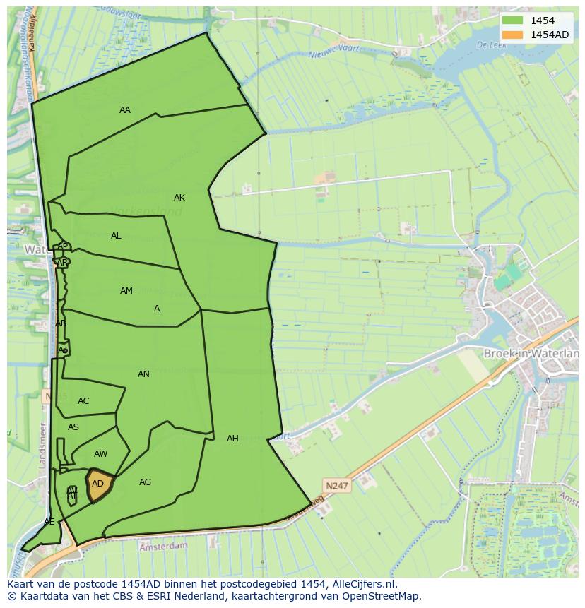 Afbeelding van het postcodegebied 1454 AD op de kaart.