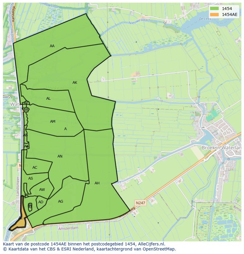 Afbeelding van het postcodegebied 1454 AE op de kaart.
