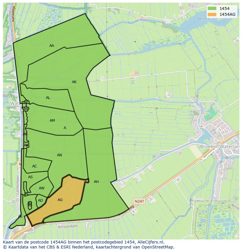 Afbeelding van het postcodegebied 1454 AG op de kaart.