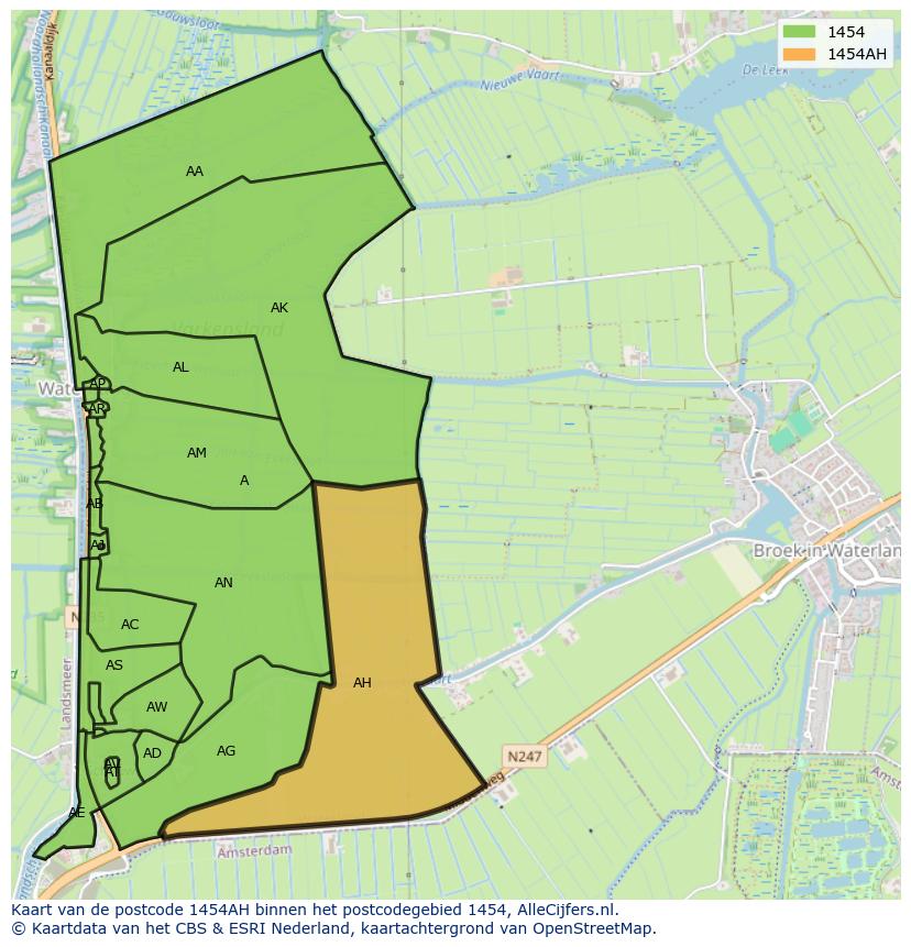 Afbeelding van het postcodegebied 1454 AH op de kaart.