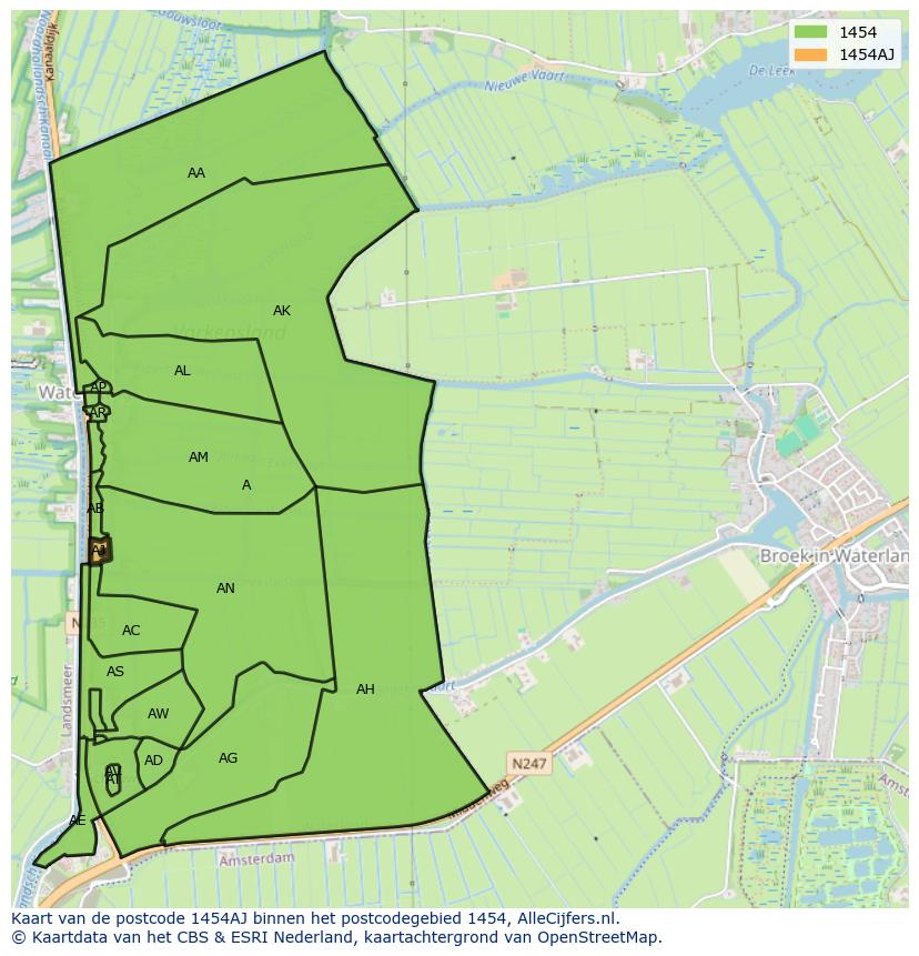 Afbeelding van het postcodegebied 1454 AJ op de kaart.