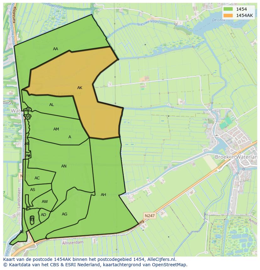 Afbeelding van het postcodegebied 1454 AK op de kaart.