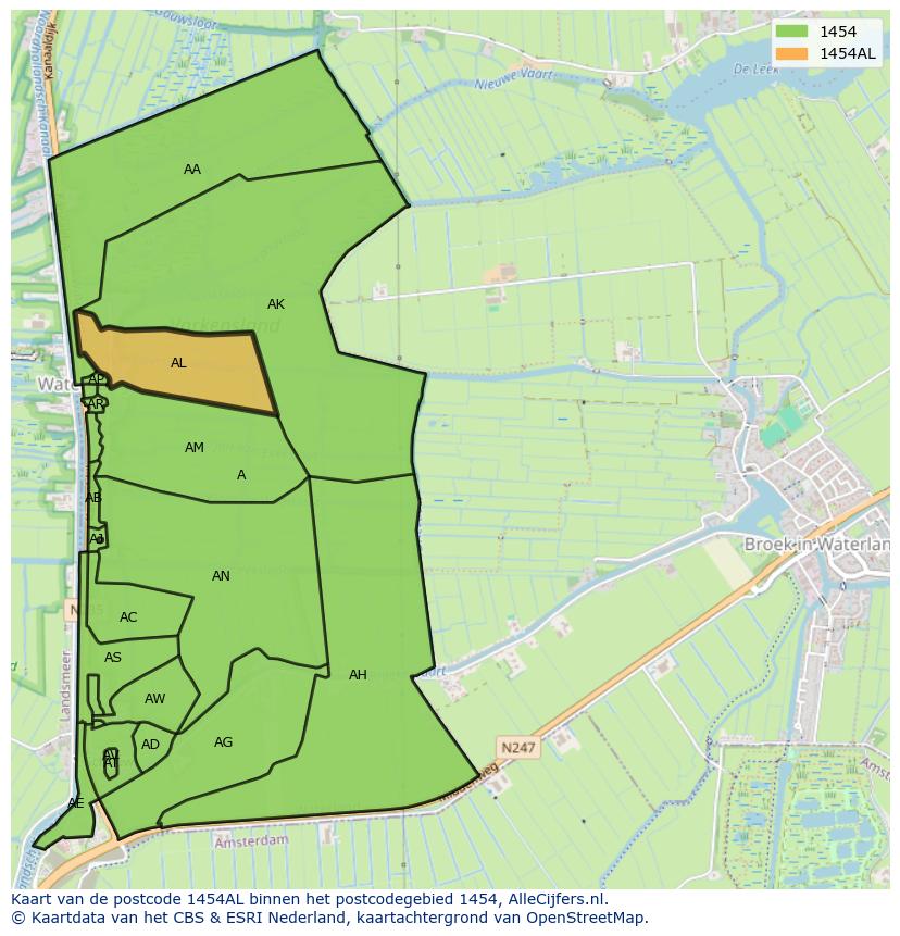 Afbeelding van het postcodegebied 1454 AL op de kaart.