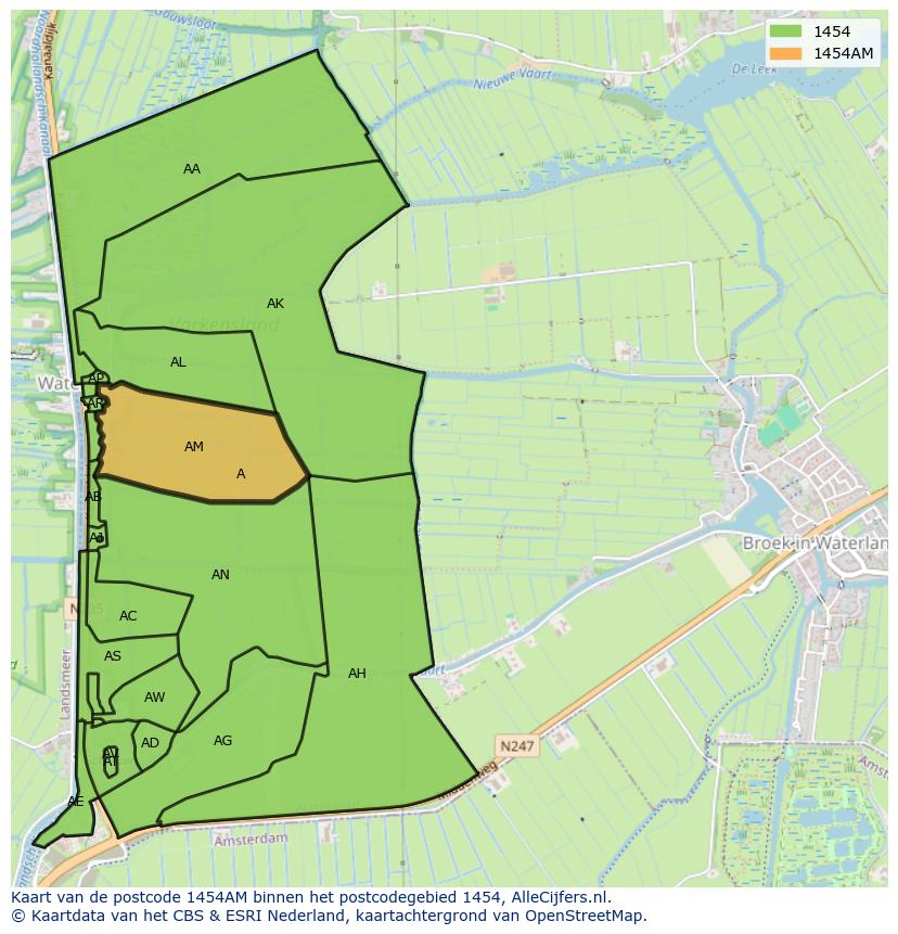 Afbeelding van het postcodegebied 1454 AM op de kaart.
