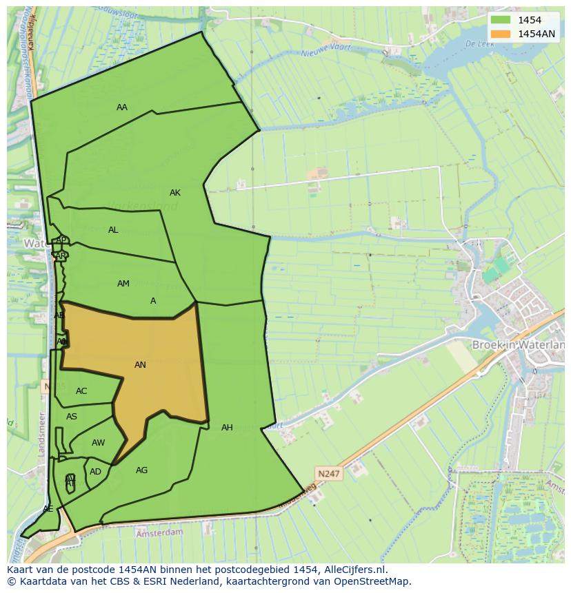 Afbeelding van het postcodegebied 1454 AN op de kaart.
