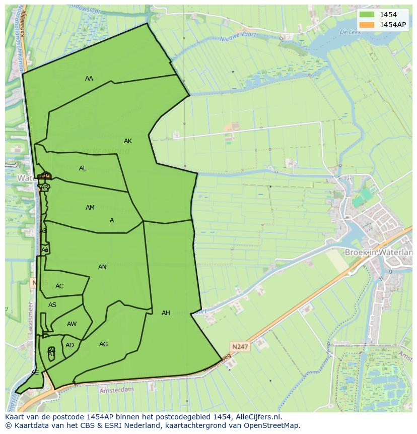 Afbeelding van het postcodegebied 1454 AP op de kaart.