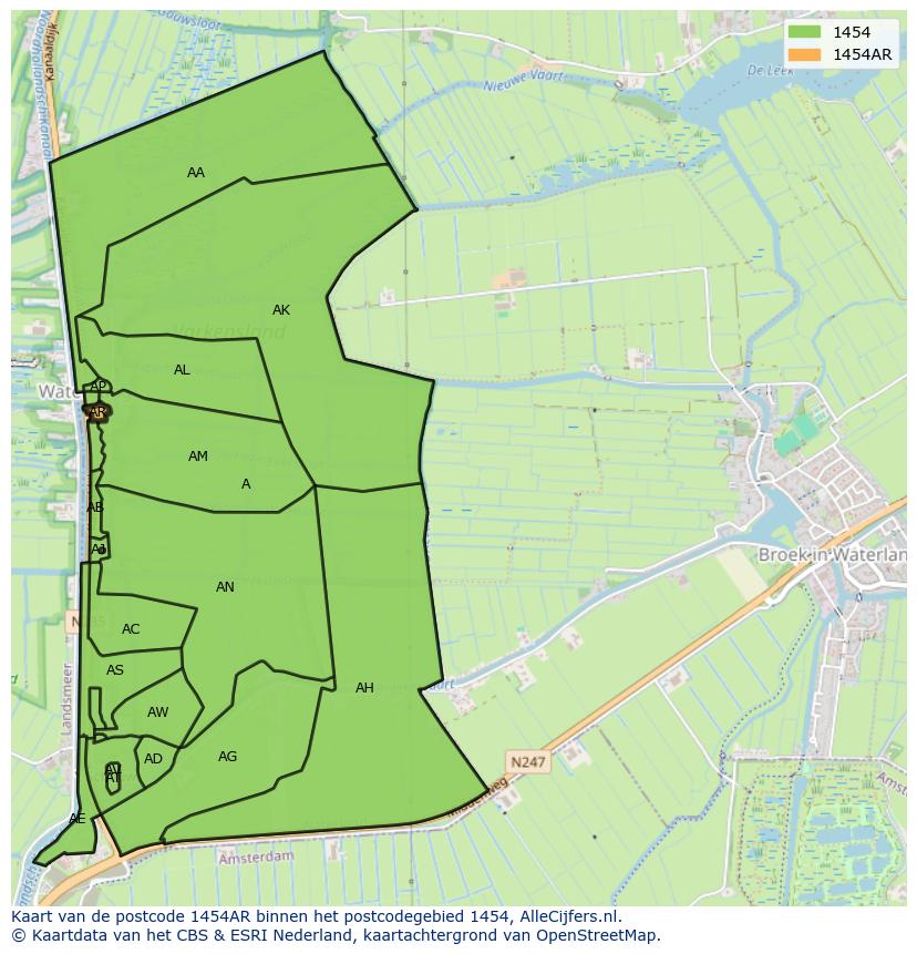 Afbeelding van het postcodegebied 1454 AR op de kaart.