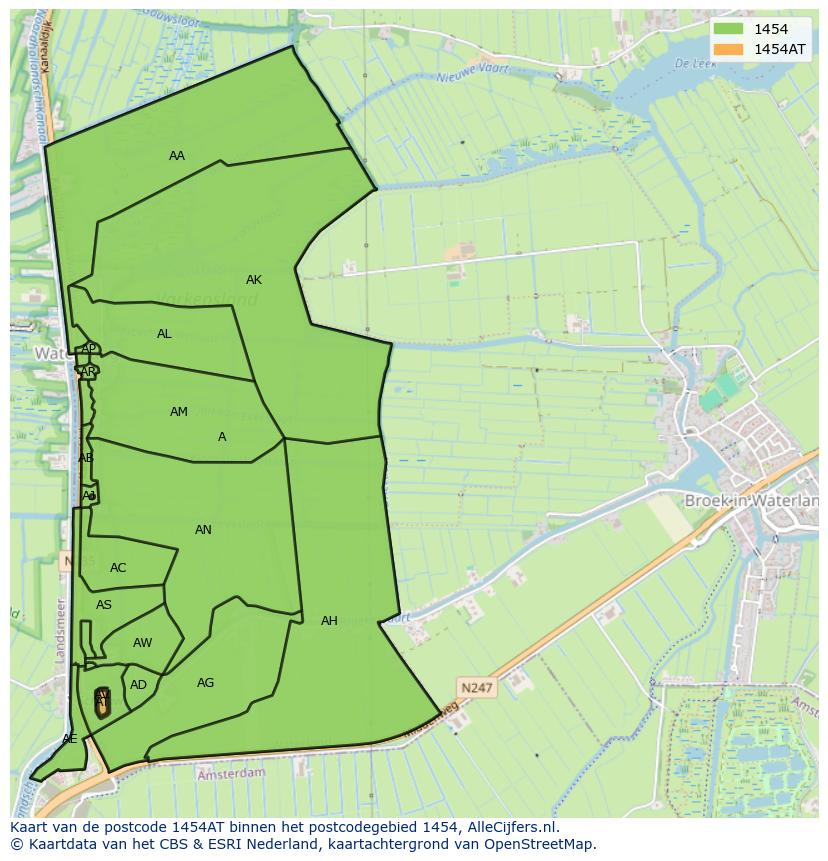 Afbeelding van het postcodegebied 1454 AT op de kaart.