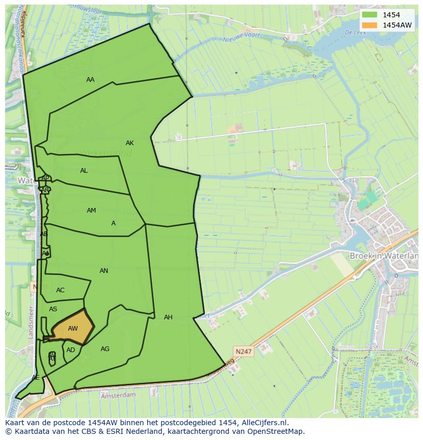 Afbeelding van het postcodegebied 1454 AW op de kaart.