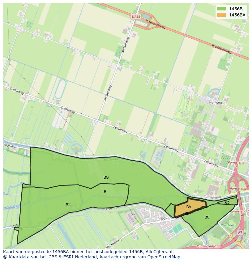 Afbeelding van het postcodegebied 1456 BA op de kaart.