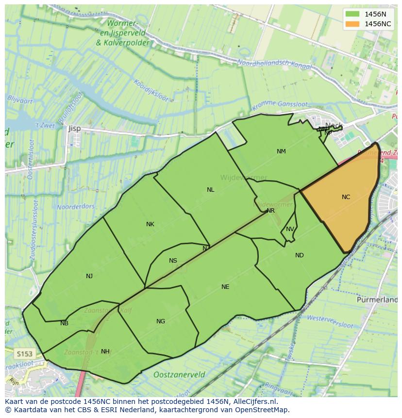 Afbeelding van het postcodegebied 1456 NC op de kaart.
